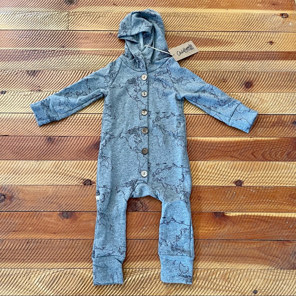 NEW Childhoods Hooded Romper Maps On Heather Gray size 18-24 months